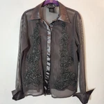 Pamela Dennis Private Client Group Womens Button Blouse Grey Mesh Sequins Lace. Fixed Price $29.99.